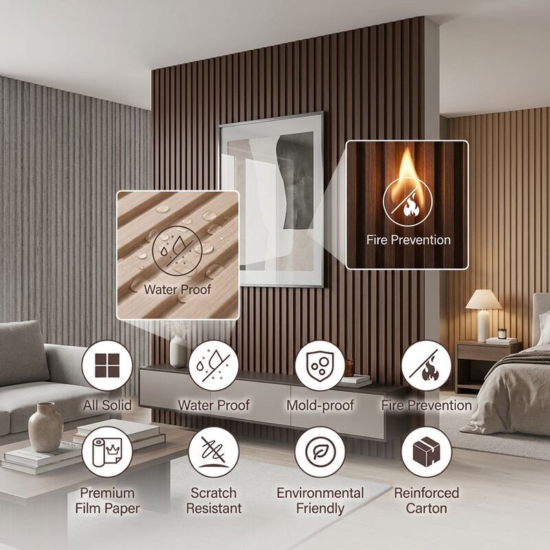 Modern Indoor WPC Wall Panel Kayu Grain Fluted Desain untuk ruang tamu dan kamar tidur